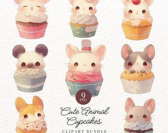 Kawaii Animal Cupcake Clipart, PNG Stickers (Commercial Use)