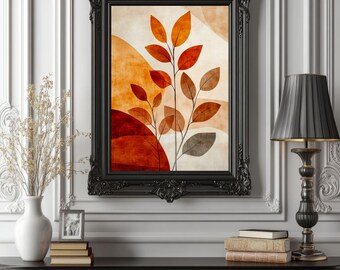 Boho botanisches abstraktes Poster - erdige Wandkunst mit Blättern - Terracotta & Beige Moderner Natur-Druck