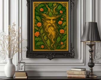 Forest Spirit Green Man Poster – Art Nouveau Botanical Wall Art – Mythical Tree Guardian Print – Nature Folk Artwork