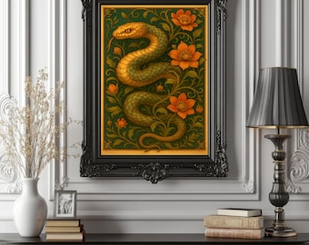 Snake Art Nouveau Wall Print – Serpent Poster with Floral Frame – Vintage Botanical Snake Decor – Mystical Nature Illustration
