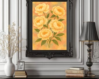 Yellow Peony Wall Art Print | Warm Floral Botanical Poster | Cottage core Aesthetic Still Life | A2 Vertical Fine Art for Home Decor
