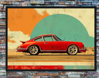 Vintage Rotes Porsche Poster - Retro-Auto-Wandkunst mit Mid-Century Ästhetik | Klassischer Sportwagen Druck