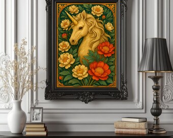 Einhorn Blumenposter – Jugendstil Einhorn Wandbild – Skurril mythischer Tierdruck – Elegante Illustration