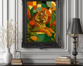 Geometric Tiger Poster – Floral Vintage Wall Art, Botanical Animal Illustration, Mid-Century Style Print