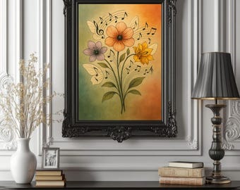Musical Flowers Wall Art – Botanical Illustration with Music Notes – Whimsical Poster for Music and Nature Lovers