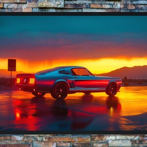 Silver Mustang Poster – Classic Muscle Car Wall Art at Sunset | Retro Car Print for Garage, Office or Man Cave