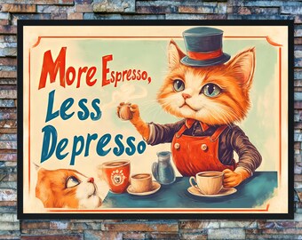 Mehr Espresso, weniger Depresso – Vintage Cat Barista Poster