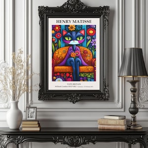 Matisse-Inspired Abstract Cat Lady Poster – Colorful Floral Art Print – Modern Art Cat Lady Wall Decor