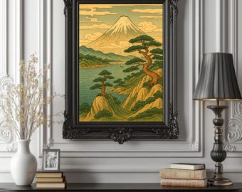 Mount Fuji Landscape Print Inspired by Hokusai | Japanese Woodblock Style Nature Art for Home or Office