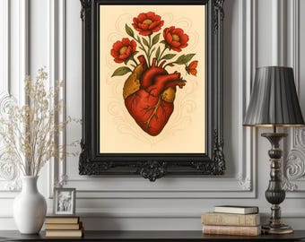 Surrealistiskt anatomiskt hjärta med röda blommor – Botanisk väggkonsttryck – Romantisk gotisk dekorationsgåva