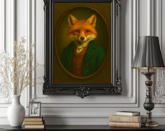Regal Fuchs Portrait Print - Anthropomorphe Fuchs Wandkunst im viktorianischen Anzug - Skurriles Tier Gentleman Poster - Wald Dekor für Zuhause