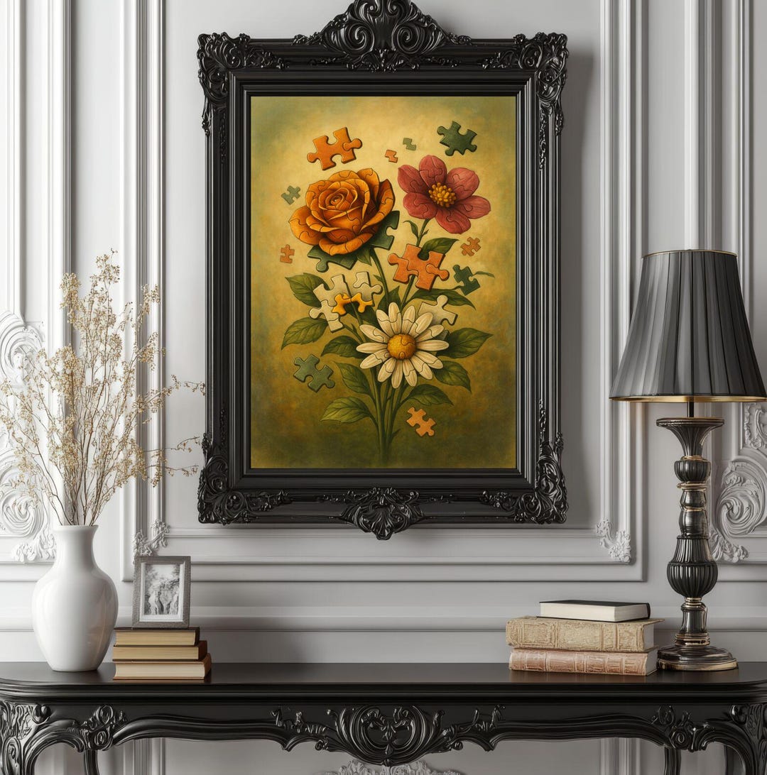 Puzzle Flowers Wall Art Print – Surreal Botanical Poster – Unique