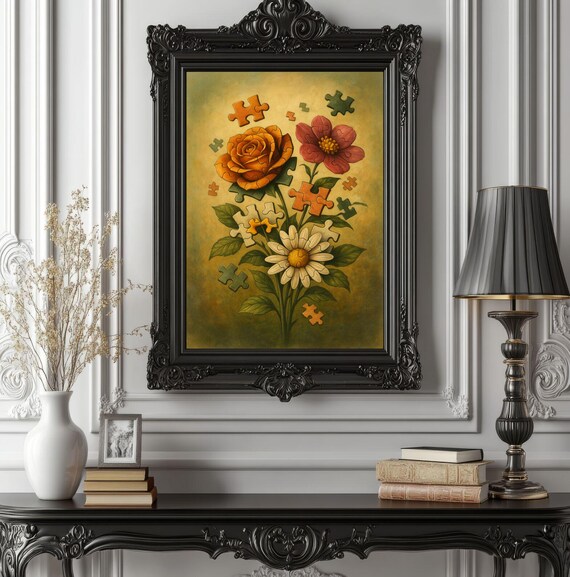 Puzzle Flowers Wall Art Print – Surreal Botanical Poster – Unique