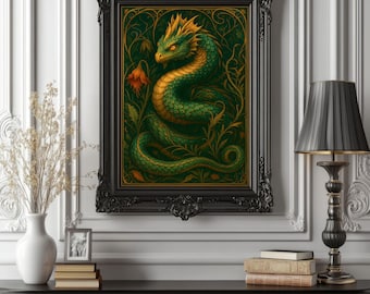 Serpent of Rebirth Botanical Poster – Art Nouveau Snake Print – Nature Fantasy Wall Art – Mythical Floral Illustration