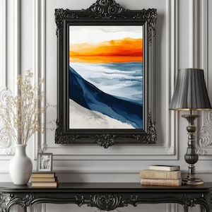 Modernes Boho Poster Abstrakt Ozean – Küsten Ozean Horizont Wandkunst – Minimalistischer Landschaftsdruck in Marineblau, Orange und Weiß