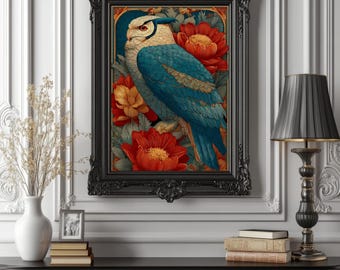 Art Nouveau Owl Poster – Floral Animal Wall Art, Botanical Illustration, Vintage Style Home Decor Print