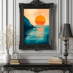 Boho-Kunstdruck an der Küste bei Sonnenuntergang - Bold Ocean Wall Art mit Orange Sun - Teal und Coral Seascape Print