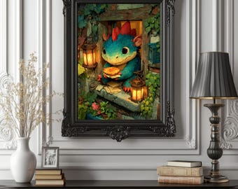 Poster Babydraak met taart – Grillige fantasiemuurkunst, gezellig huisje raam, schattig