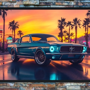 Vintage Blue Mustang Poster – Classic Car Art for Garage, Office, or Man Cave