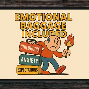 May include: A framed print with the text "EMOTIONAL BAGGAGE INCLUDED." A cartoon figure carries luggage labeled "CHILDHOOD," "ANXIETY," and "EXPECTATIONS" while holding a torch. The artwork features a retro color palette.