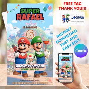 Super Mario Bros Luigi Einladung einladen Geburtstag Kinder bearbeitbar
