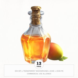 Lot de 12 bouteilles de parfum tropical jaune Clipart, art PNG banane mangue, autocollants numériques Goodnotes imprimables, Junk Journal, usage Commercial