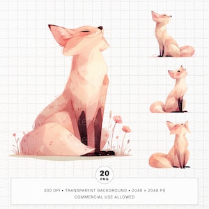 20 Renard mignon avec des fleurs Clipart Bundle, renarde de dessin animé aquarelle PNG, autocollants numériques Goodnotes imprimables, Junk Journal, usage Commercial