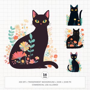 16 schwarze Katze in Blumen Clipart Bundle, Aquarell elegante Blumen PNG, druckbare Goodnotes digitale Aufkleber, Junk Journal, kommerzielle Nutzung