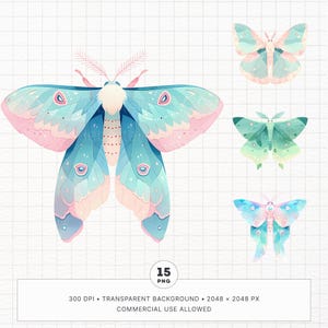 15 Aquarell Luna Moth Clipart Bundle, Pastell grün blauer Schmetterling PNG, druckbare Goodnotes digitale Aufkleber, Junk Journal, kommerzielle Nutzung