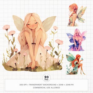 20 bosfeeën clipartbundel, aquarel Fantasy Fairy Tale Girl PNG, afdrukbare Goodnotes digitale stickers, junk Journal, commercieel gebruik