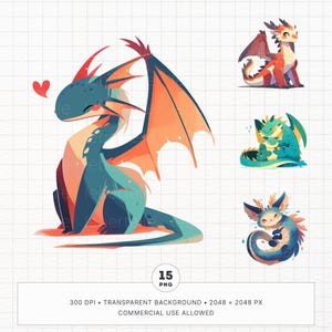 Pacchetto di 15 graziosi clipart di draghi, PNG di bestie fantasy ad acquerello, adesivi digitali stampabili Goodnotes, diario di spazzatura, arte per bambini, uso commerciale