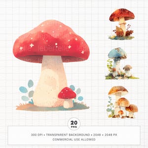 Lot de 20 cliparts aquarelle champignons, champignon vénéneux PNG, imprimable Art sur amanite mouche, autocollants numériques Goodnotes, éléments de Junk Journal