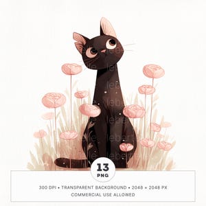 13 aquarel zwarte kat in bloemen clipartbundel, cute Floral Kitty PNG, afdrukbare Goodnotes digitale stickers, junk Journal, commercieel gebruik