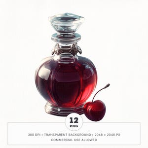 Pacchetto di 12 clipart di profumi di frutti di bosco rossi, bottiglie di frutta Island Luxe PNG, adesivi digitali Goodnotes stampabili, diario di spazzatura, uso commerciale