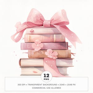 Peut inclure: Une pile de livres liés ensemble par un ruban et un nœud rose. Les livres sont de différentes nuances de rose et de beige. Il y a de petites fleurs roses sur les livres.