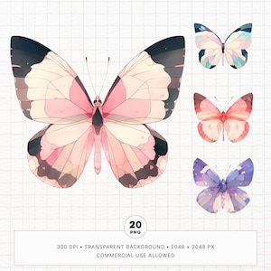 20 Aquarell Schmetterlinge Clipart Bundle, bunte Frühlings Fantasie PNG, druckbare Goodnotes digitale Aufkleber, Junk Journal, kommerzielle Nutzung