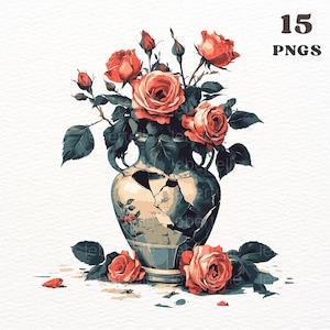 Lot de 15 vases cassés floraux PNG avec des cliparts de fleurs dans un style grec vintage, lot d'autocollants Goodnotes pour carnet de scrapbooking