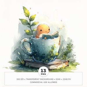 13 schattige aquarel boekenwurm clipartbundel, worm lezing in een kopje PNG, afdrukbare Goodnotes digitale stickers, junk Journal, commercieel gebruik