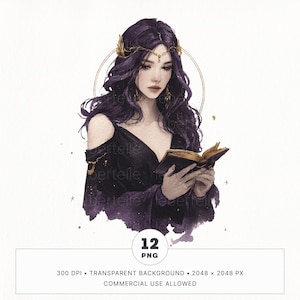 12 Celestial Girl Reading Books Clipart-bundel, leesgrage Star Goddess PNG, afdrukbare Goodnotes digitale stickers, junk Journal, commercieel gebruik