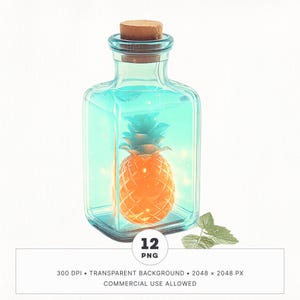 Pacchetto di 12 Clipart di bottiglie di frutta Island Luxe, PNG di spiagge tropicali esotiche, adesivi digitali Goodnotes stampabili, diario di spazzatura, uso commerciale