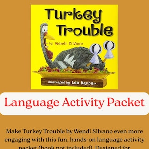May include: A yellow book cover with the title "Turkey Trouble" and a cartoon turkey illustration. Below, a banner reads "Language Activity Packet." The text describes a language activity packet for speech therapy and preschool.
