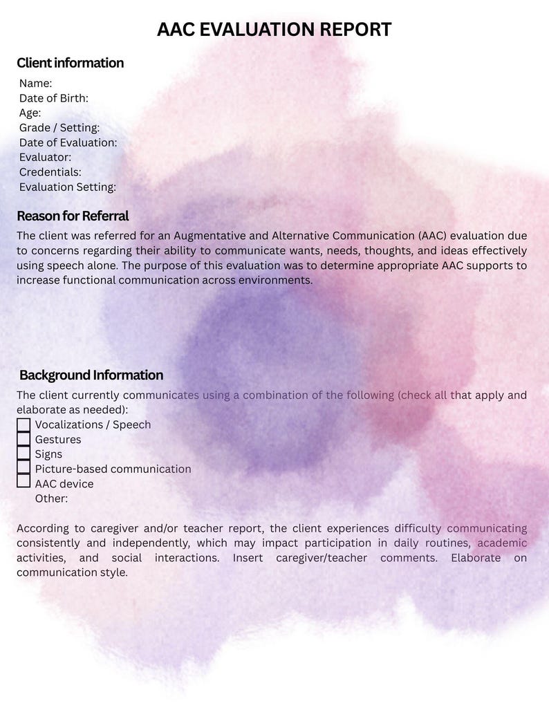 Editable in CANVA! AAC Evaluation Report Template for Slps Etsy Canada