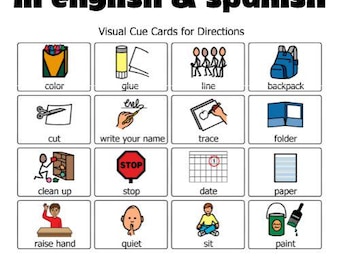 Visual cue cards for classroom directions in English and Spanish