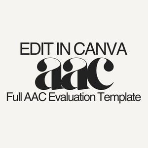 May include: A graphic design with the text "EDIT IN CANVA" above a stylized "AAC" logo, and the text "Full AAC Evaluation Template" below. The text and logo are in black against a cream background.