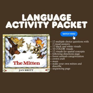 Peut inclure: Un ensemble d'activités éducatives marron avec le titre "LANGUAGE ACTIVITY PACKET" en lettres blanches. L'image présente une couverture de livre intitulée "The Mitten" avec des illustrations d'animaux de la forêt. Comprend des questions à choix multiples, des visuels et des activités.