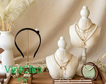 Wood & Velvet Jewelry Display Set, Linen Bust Ring Holders, Mannequin Display