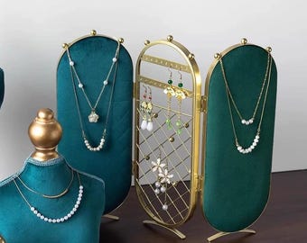 Teal Velvet Jewelry Display: Baroque Ring, Necklace & Earring Holder