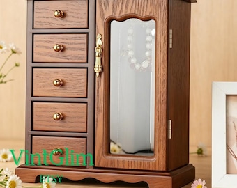 Vintage Wooden Jewelry Box with Mirror & 5 Drawers, Large Jewelry Organizer for Women Gift
