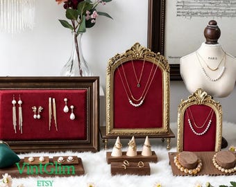 Red Velvet Jewelry Display Frame, Pinboard, Ornate Gold Baroque, Dark Wood Stand
