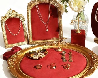 Baroque Red Velvet Jewelry Organizer Set: Gold Necklace & Ring Holder, Vanity Organizer